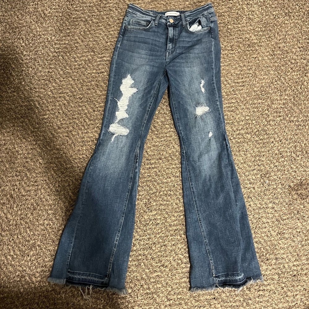 Flying Monkey Distressed Flare Jeans in Dark Blue